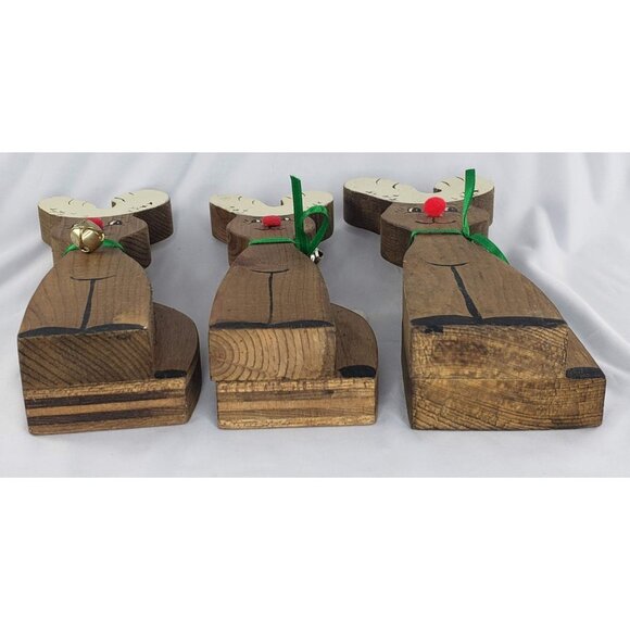 Vintage Christmas Wooden Reindeer Rudolph Family Set Jingle Bell Collar - Picture 5 of 5